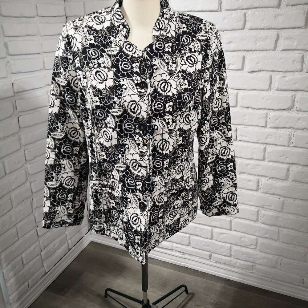 Liz Claiborne Ladies Size Large 100% Linen Black/White/Tan Blazer